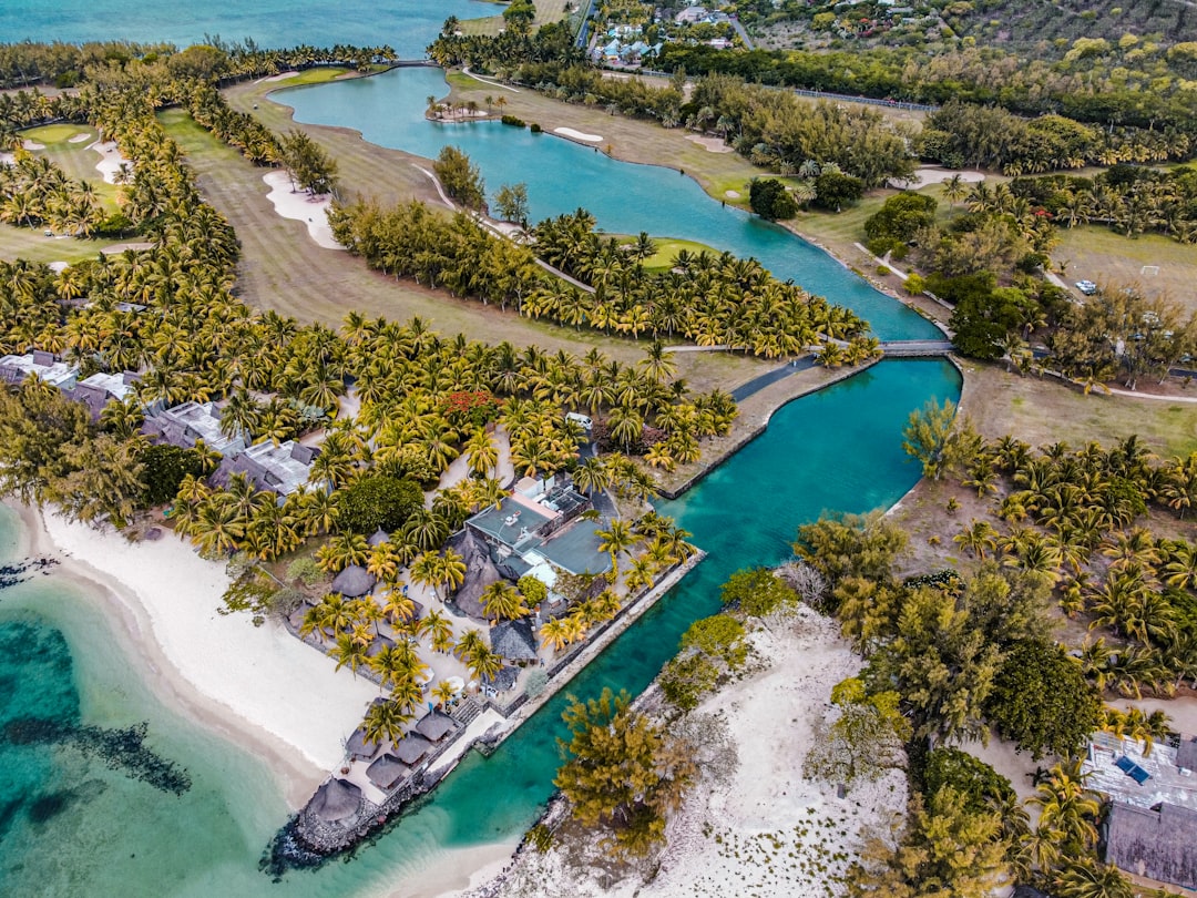 Aerial view of a luxury golf and beach resort in Mauritius